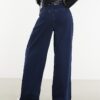Blue Belted Pleated Wide Leg Jeans