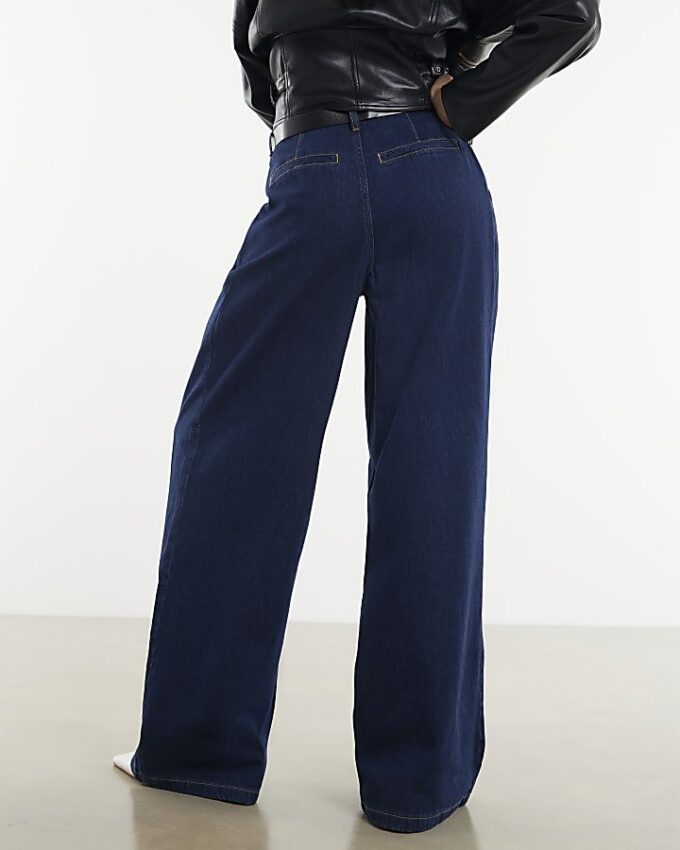 Blue Belted Pleated Wide Leg Jeans