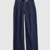 Blue Belted Pleated Wide Leg Jeans