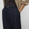 Blue Belted Split Hem Wide Leg Jeans