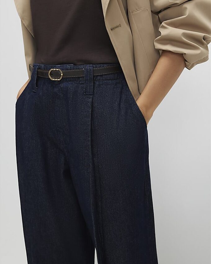 Blue Belted Split Hem Wide Leg Jeans