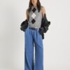 Blue Belted Wide Leg Pleated Jeans