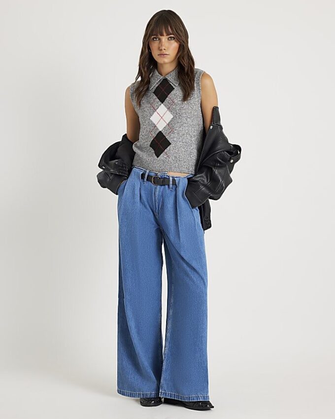 Blue Belted Wide Leg Pleated Jeans
