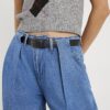 Blue Belted Wide Leg Pleated Jeans