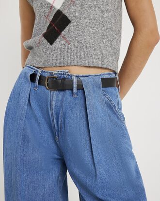 Blue Belted Wide Leg Pleated Jeans