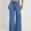Blue Belted Wide Leg Pleated Jeans