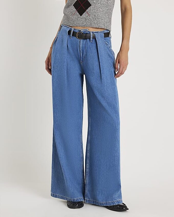 Blue Belted Wide Leg Pleated Jeans