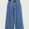 Blue Belted Wide Leg Pleated Jeans