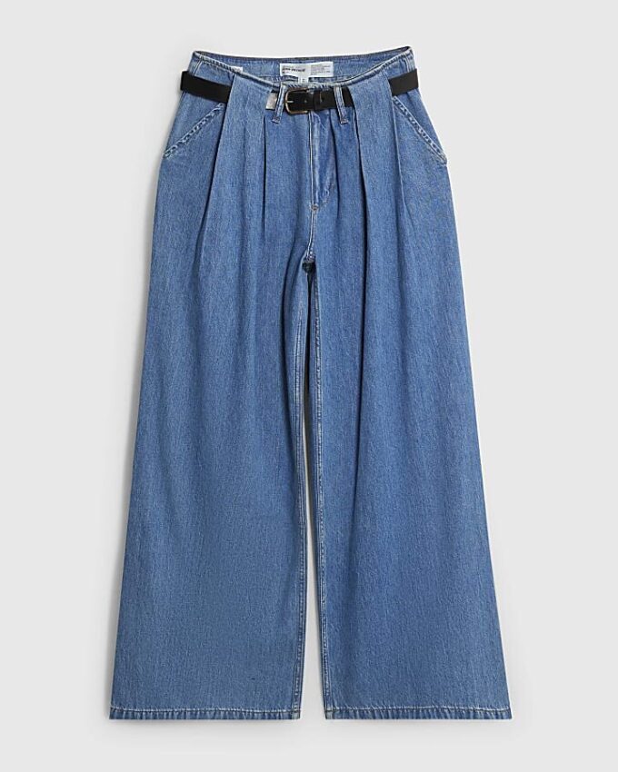Blue Belted Wide Leg Pleated Jeans