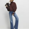 Blue Button Detail Pocket Front Flared Jeans