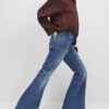 Blue Button Detail Pocket Front Flared Jeans