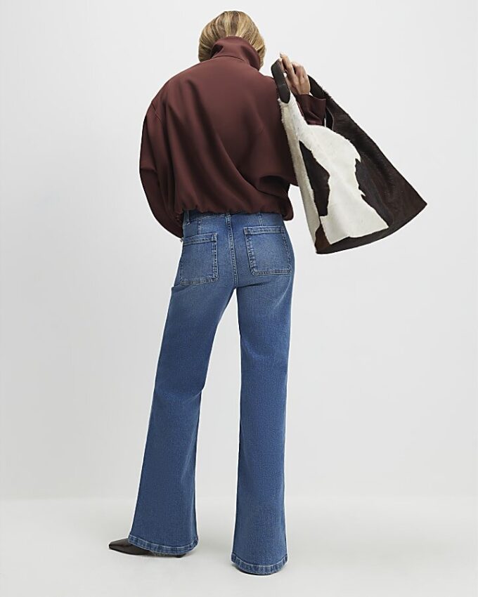 Blue Button Detail Pocket Front Flared Jeans