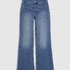 Blue Button Detail Pocket Front Flared Jeans