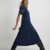 Blue Denim Short Sleeve Seamed Midi Dress