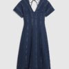Blue Denim Short Sleeve Seamed Midi Dress