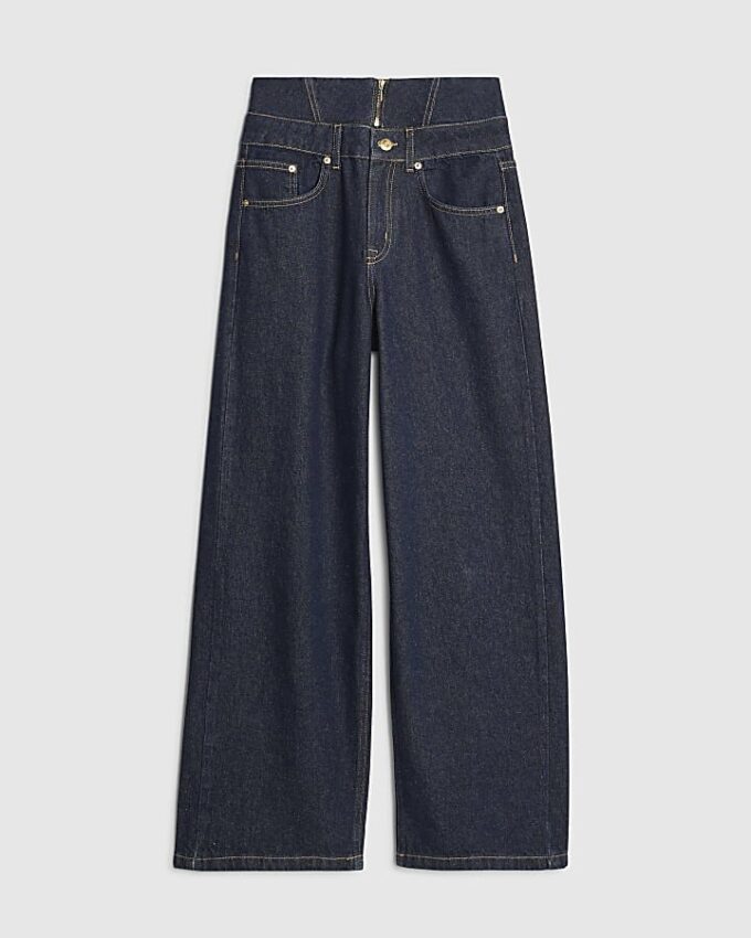 Blue Double Waistband Wide Leg Jeans