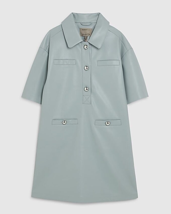 Blue Faux leather Pocket Detail Shirt Dress