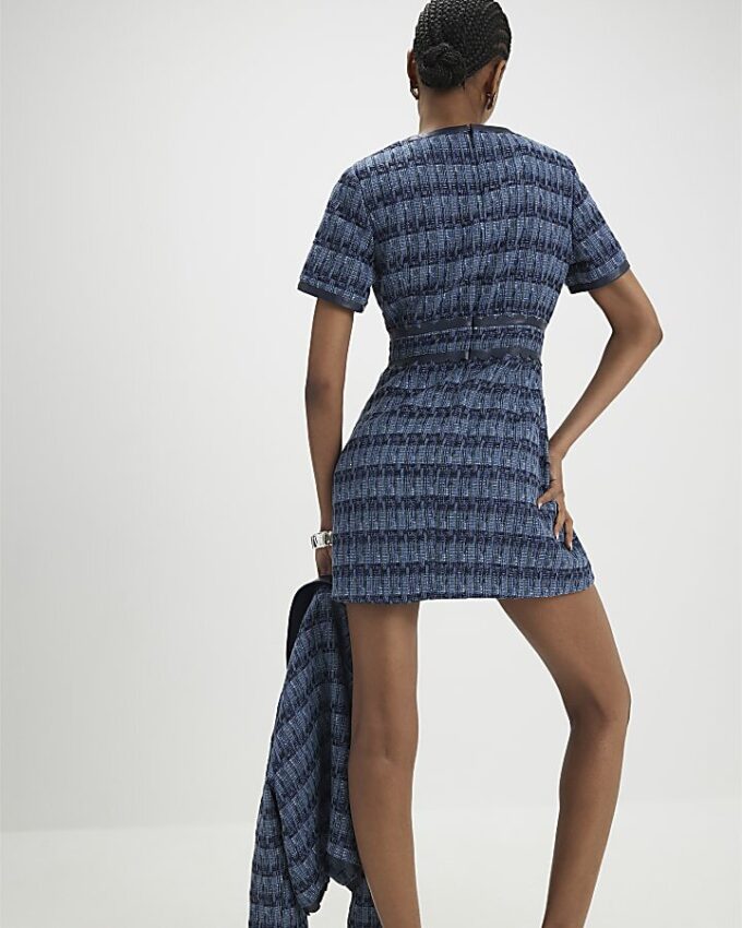 Blue Faux Leather Scallop Boucle Mini Dress