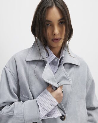 Blue Faux Suede Collared Bomber Jacket