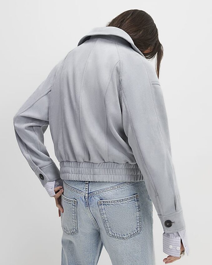 Blue Faux Suede Collared Bomber Jacket