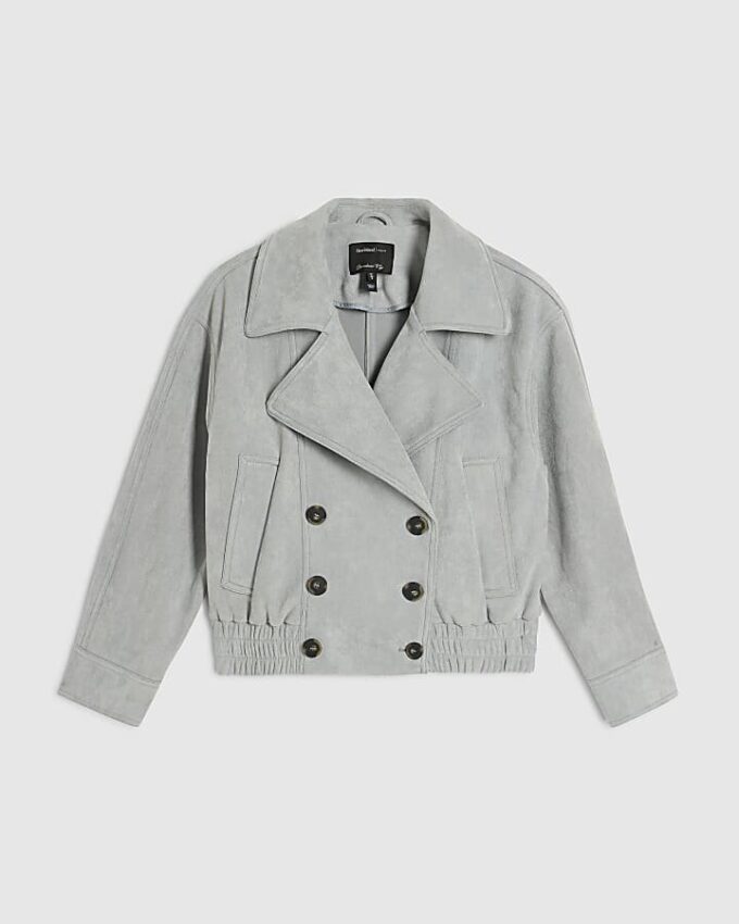 Blue Faux Suede Collared Bomber Jacket