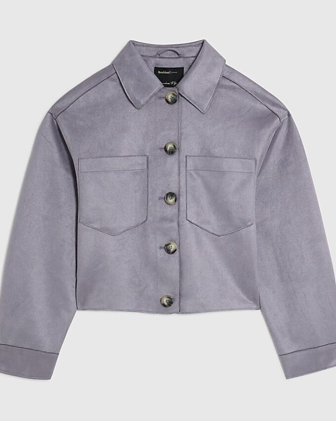 Blue Faux Suede Collared Overshirt
