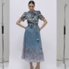 Blue Floral 3D Corsage Midi Dress