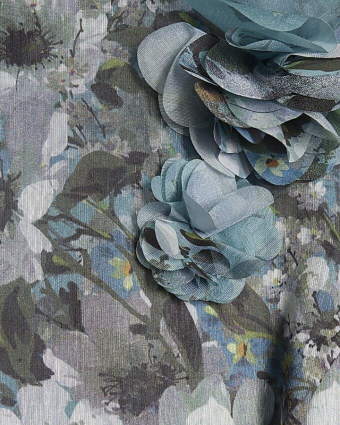 Blue Floral 3D Corsage Midi Dress
