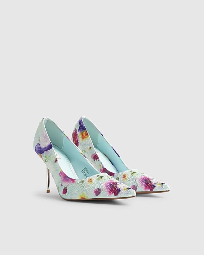 Blue Floral Embellished Court Heels