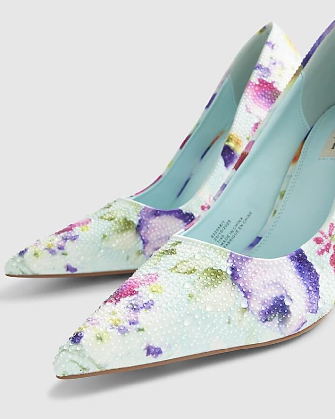 Blue Floral Embellished Court Heels