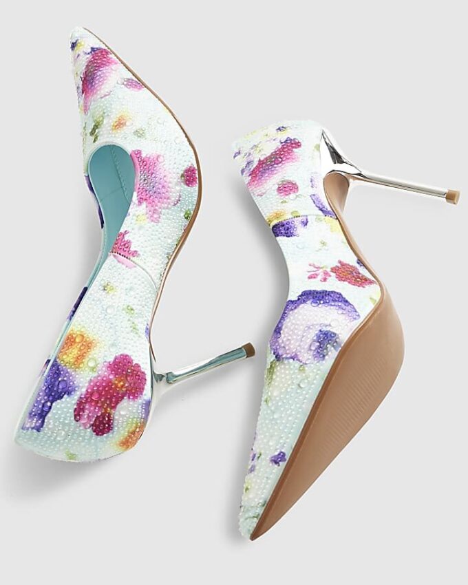 Blue Floral Embellished Court Heels