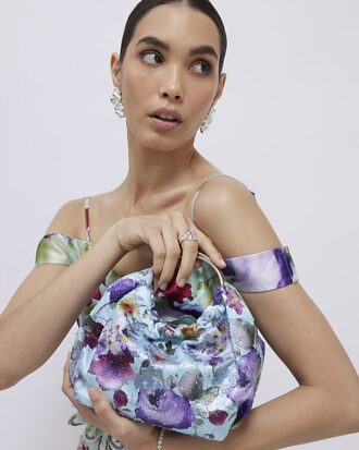 Blue Floral Embellished Grab Top Clutch Bag