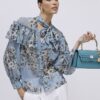 Blue Floral Ruffle Tie Neck Blouse