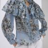 Blue Floral Ruffle Tie Neck Blouse