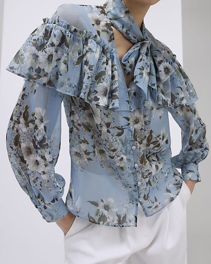 Blue Floral Ruffle Tie Neck Blouse