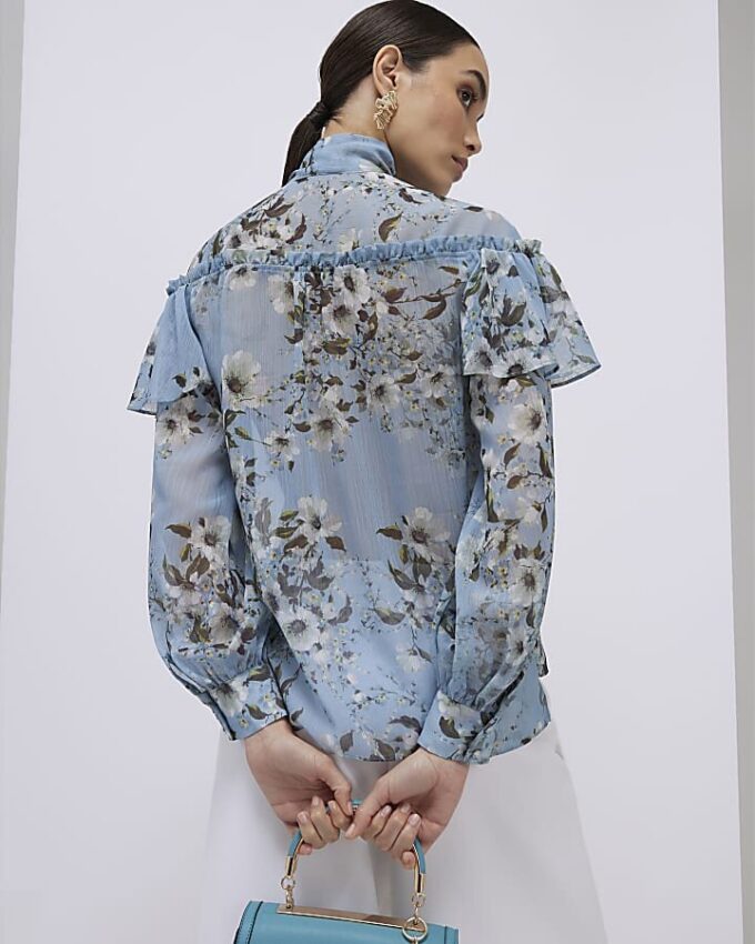 Blue Floral Ruffle Tie Neck Blouse