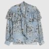 Blue Floral Ruffle Tie Neck Blouse