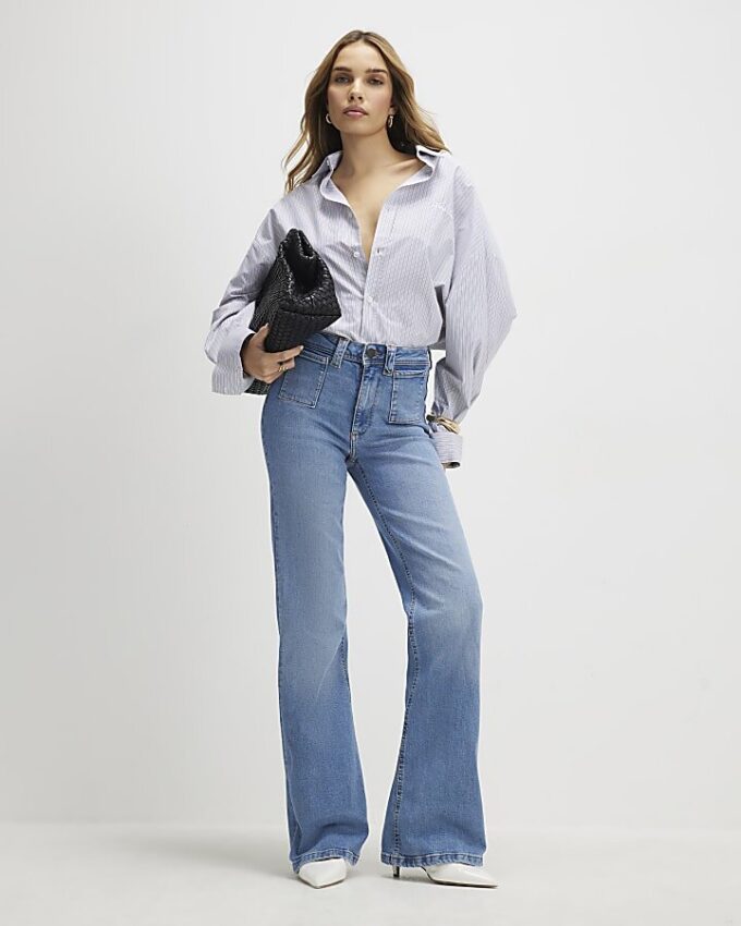 Blue High Waisted Relaxed Flare Jeans