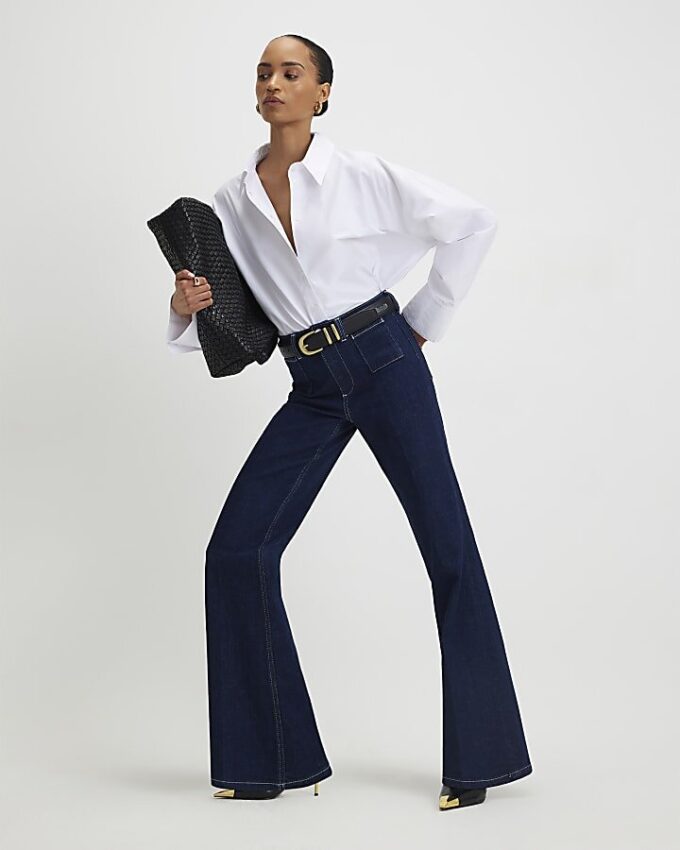 Blue High Waisted Relaxed Flare Jeans