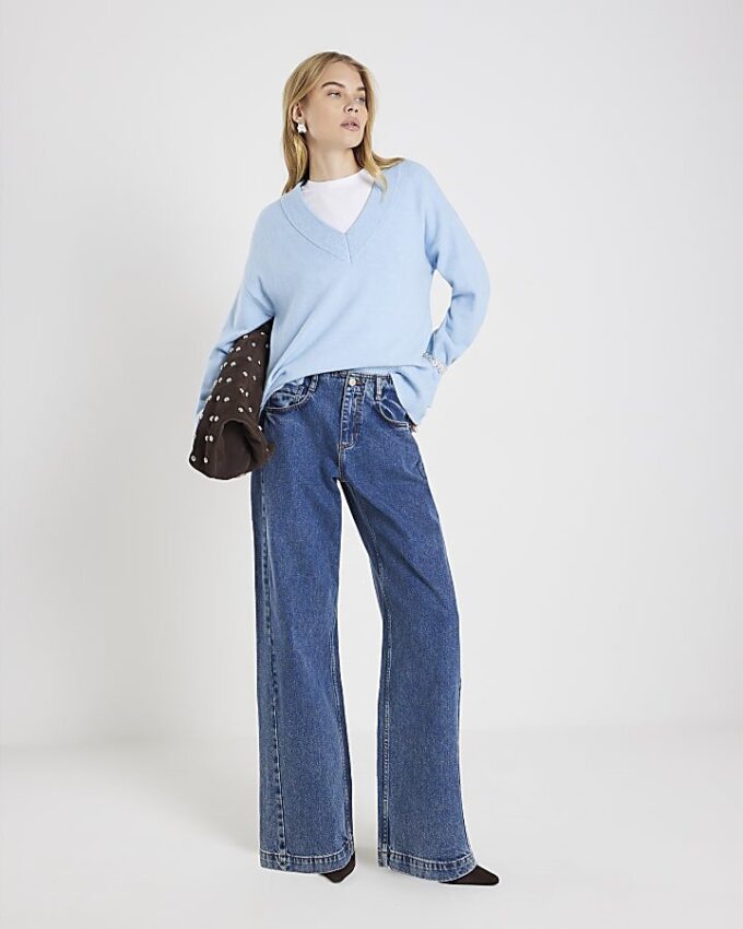 Blue High Waisted Seamed Wide Leg Jeans