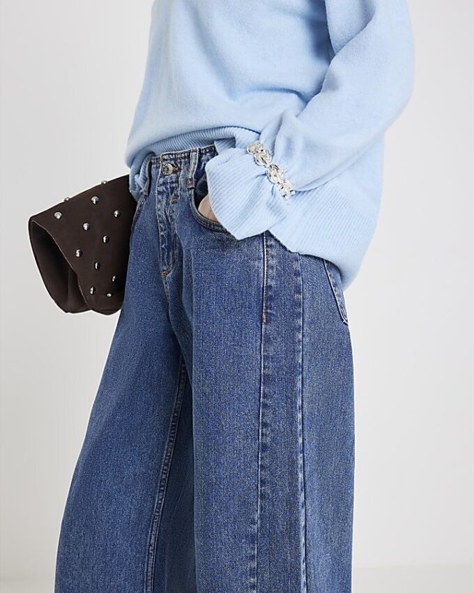 Blue High Waisted Seamed Wide Leg Jeans