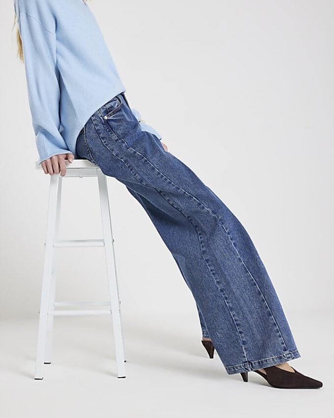 Blue High Waisted Seamed Wide Leg Jeans