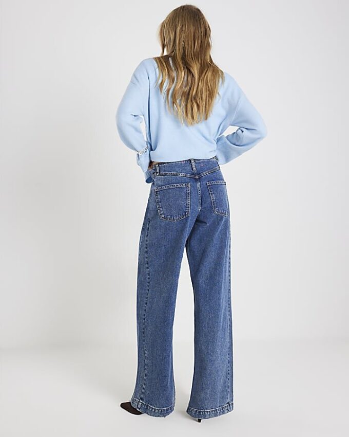 Blue High Waisted Seamed Wide Leg Jeans
