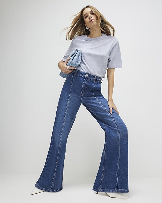 Blue High Waisted Wide Leg Snaffle Jeans