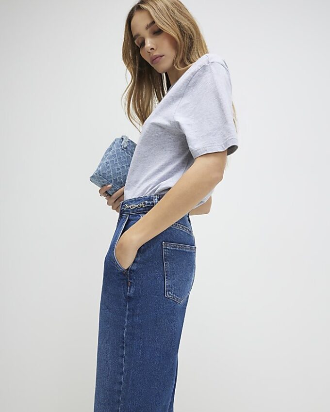 Blue High Waisted Wide Leg Snaffle Jeans