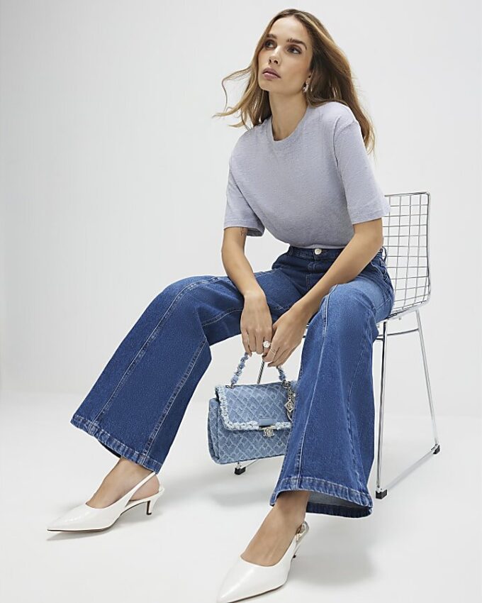 Blue High Waisted Wide Leg Snaffle Jeans