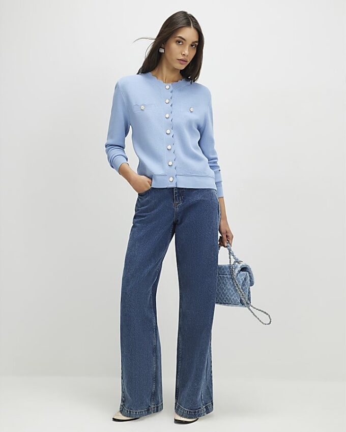 Blue Knit Fitted Scallop Trim Cardigan