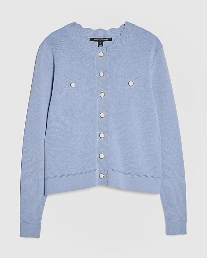 Blue Knit Fitted Scallop Trim Cardigan