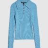 Blue Knitted Long Sleeve Polo Top