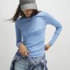 Blue Long Sleeve Ribbed Crew Neck Top